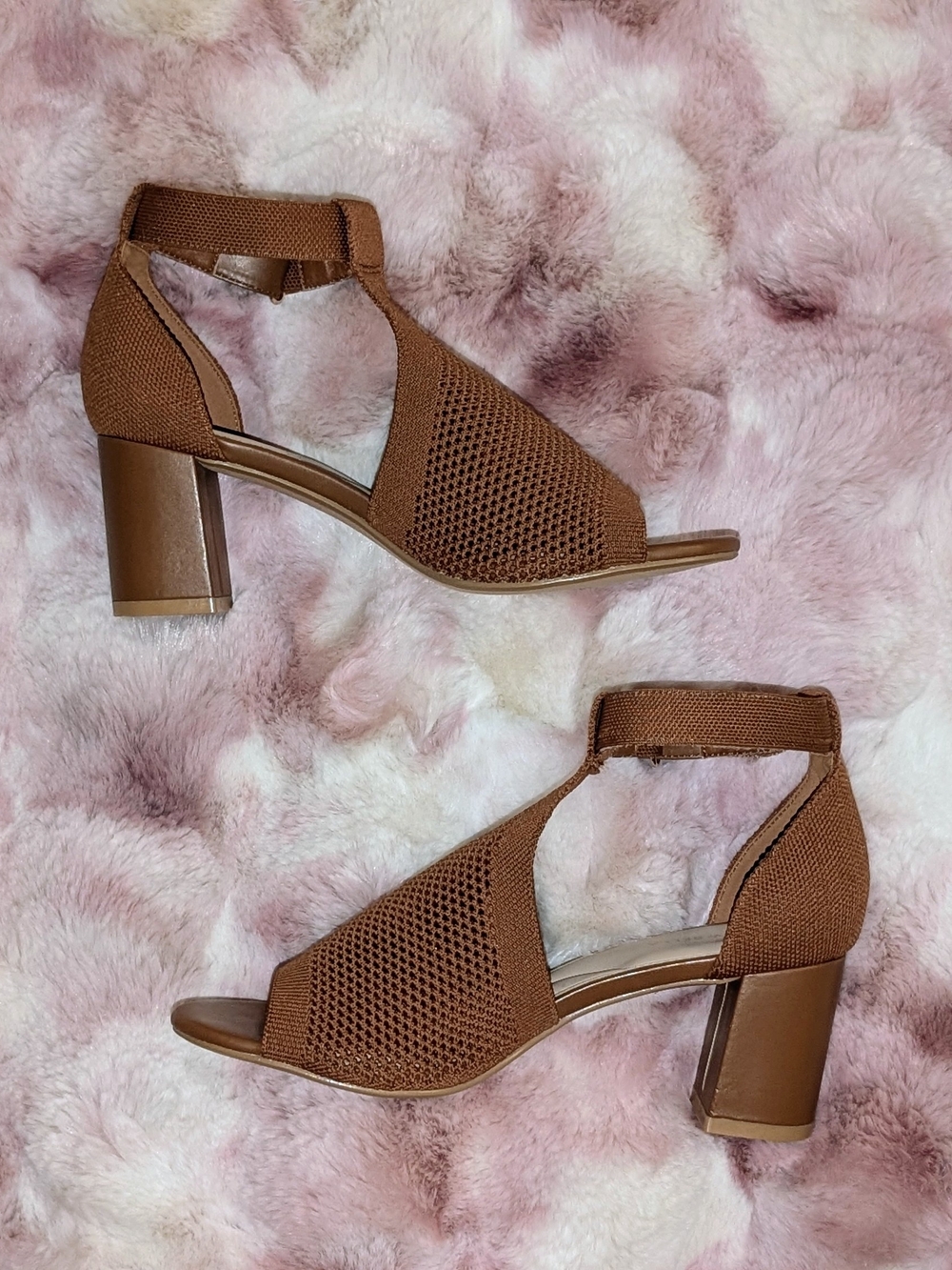 🌿 Newbella Brown Stretch Knit Mesh Block Heel Sandals Ankle Strap 8.5 NWOT 🌿